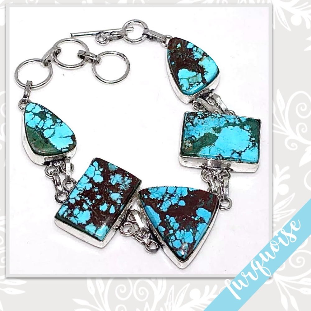 Turquoise Large Silver Artisan Bracelet, Adjustable (Blue, Brown, Green)